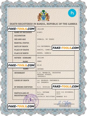 Gambia death certificate PSD template, completely editable