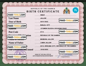 Gambia vital record birth certificate PSD template, fully editable