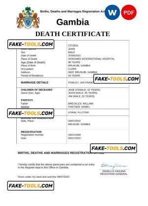 Gambia vital record death certificate Word and PDF template