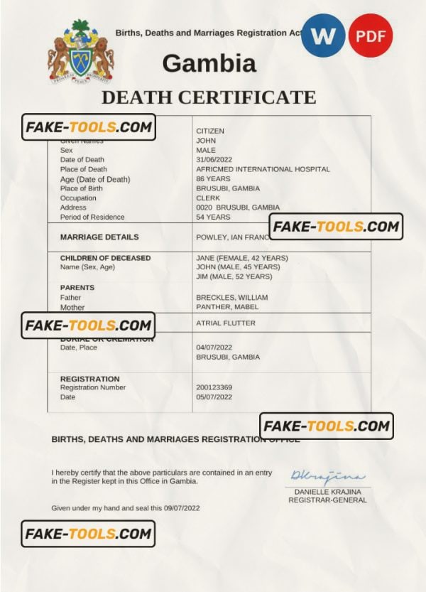 Gambia vital record death certificate Word and PDF template
