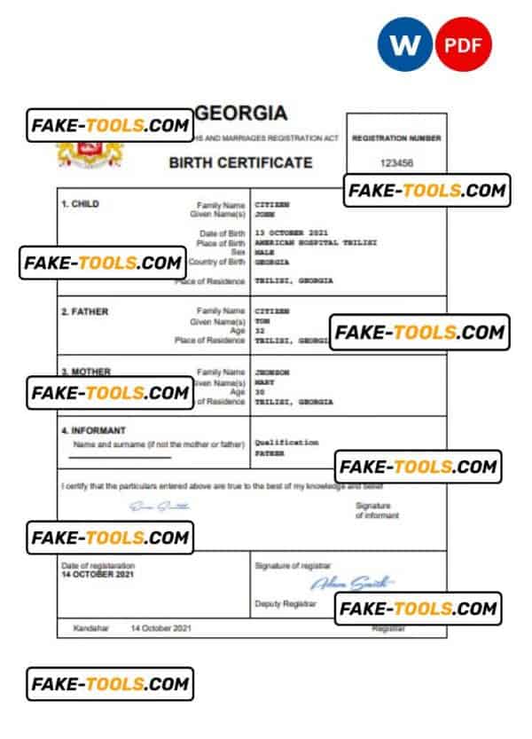 Georgia vital record birth certificate Word and PDF template, completely editable