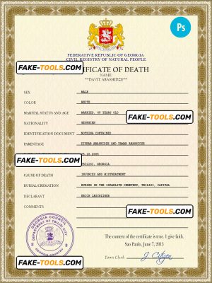 Georgia vital record death certificate PSD template, fully editable