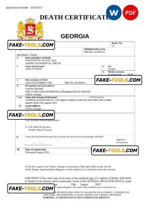 Georgia vital record death certificate Word and PDF template