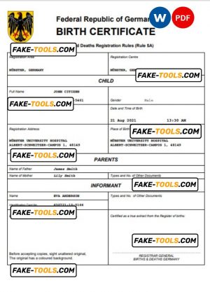 Germany birth certificate Word and PDF template, completely editable
