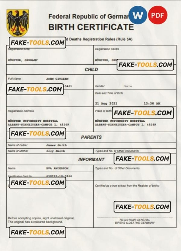 Germany birth certificate Word and PDF template, completely editable