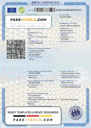 Germany birth certificate template in PSD format, fully editable