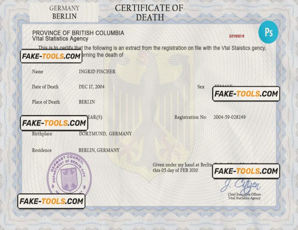 Germany death certificate PSD template, completely editable