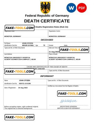 Germany death certificate Word and PDF template, completely editable