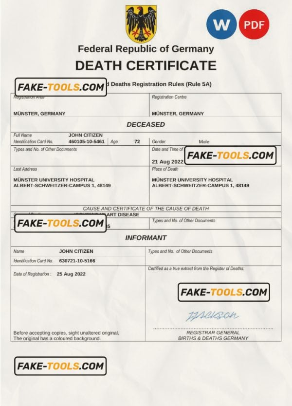 Germany death certificate Word and PDF template, completely editable