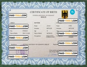 Germany vital record birth certificate PSD template, completely editable