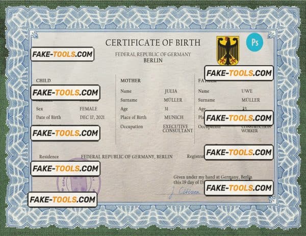 Germany vital record birth certificate PSD template, completely editable