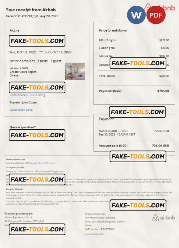 Ghana Airbnb booking confirmation Word and PDF template scan effect
