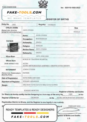 Ghana birth certificate template in PSD format, fully editable