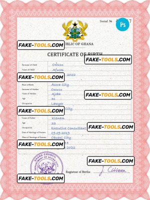 Ghana vital record birth certificate PSD template, completely editable