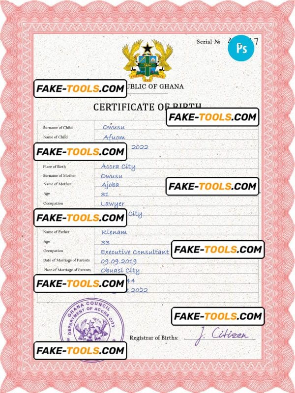 Ghana vital record birth certificate PSD template, completely editable