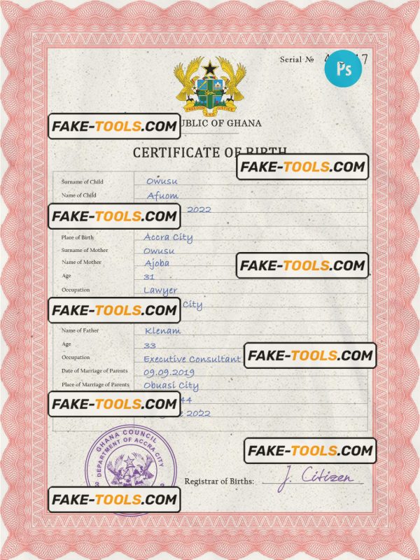 Ghana vital record birth certificate PSD template, completely editable