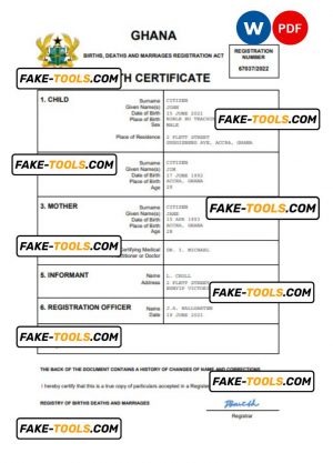 Ghana vital record birth certificate Word and PDF template, completely editable
