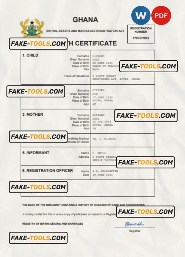 Ghana vital record birth certificate Word and PDF template, completely editable