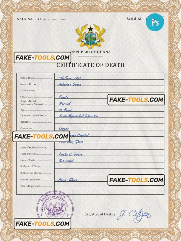 Ghana vital record death certificate PSD template, completely editable