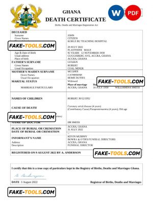 Ghana vital record death certificate Word and PDF template