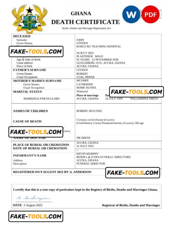Ghana vital record death certificate Word and PDF template