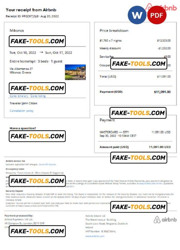 Greece Airbnb booking confirmation Word and PDF template