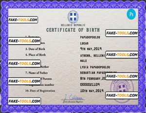 Greece birth certificate PSD template, completely editable