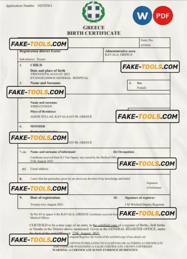 Greece birth certificate Word and PDF template, completely editable