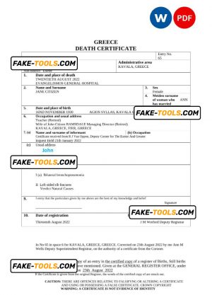 Greece death certificate Word and PDF template, completely editable