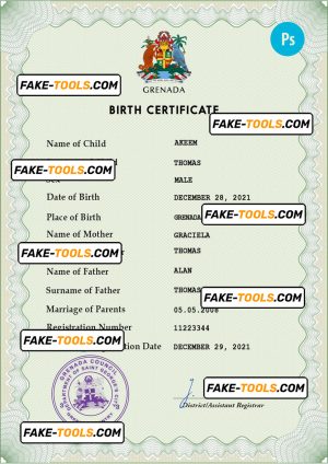Grenada vital record birth certificate PSD template, fully editable