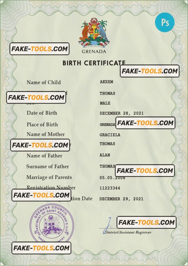 Grenada vital record birth certificate PSD template, fully editable