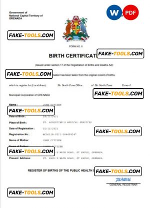 Grenada vital record birth certificate Word and PDF template, completely editable