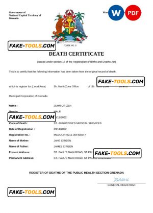 Grenada vital record death certificate Word and PDF template