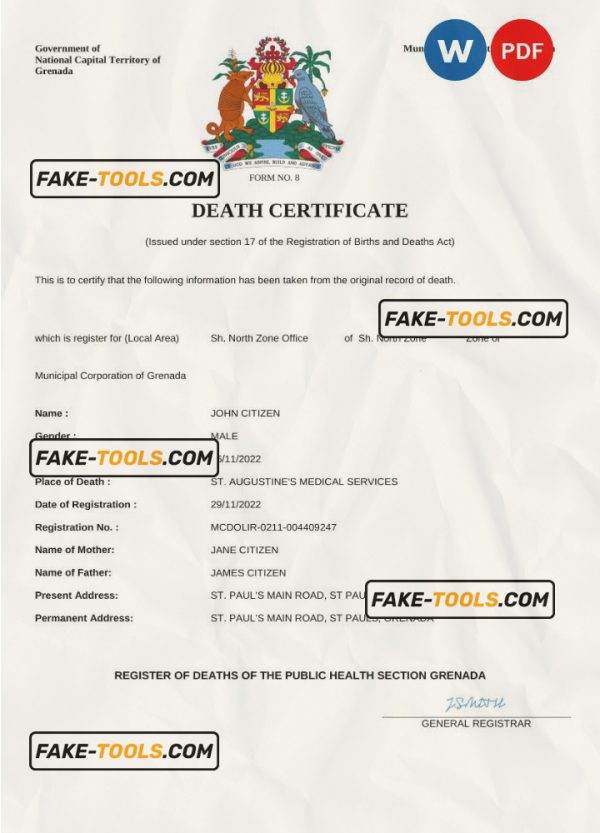 Grenada vital record death certificate Word and PDF template