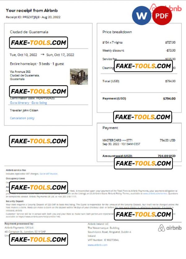 Guatemala Airbnb booking confirmation Word and PDF template