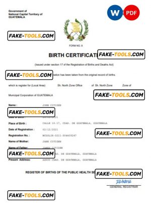 Guatemala birth certificate Word and PDF template, completely editable