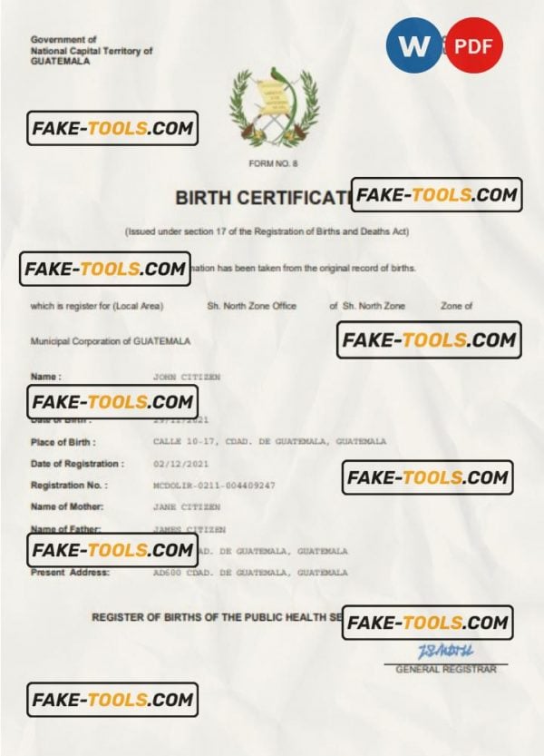 Guatemala birth certificate Word and PDF template, completely editable