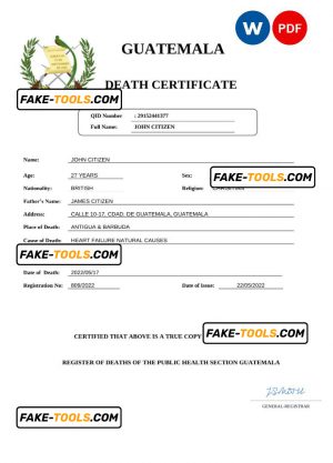 Guatemala death certificate Word and PDF template, completely editable