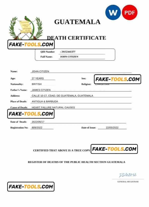 Guatemala death certificate Word and PDF template, completely editable