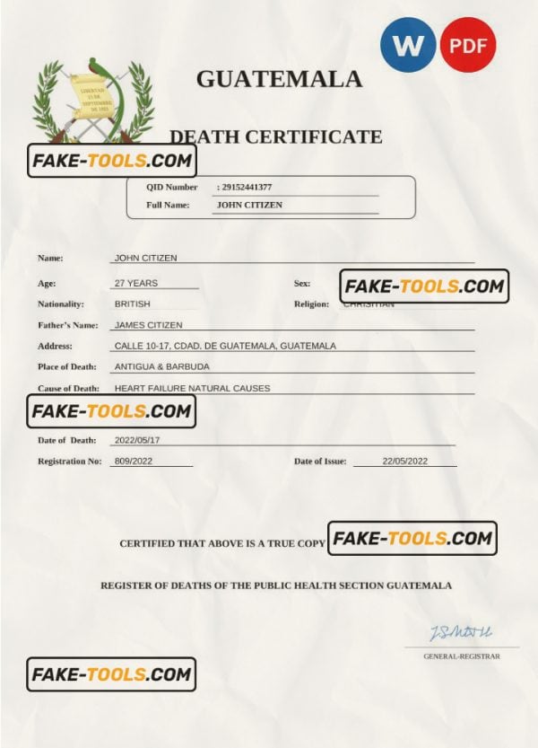 Guatemala death certificate Word and PDF template, completely editable