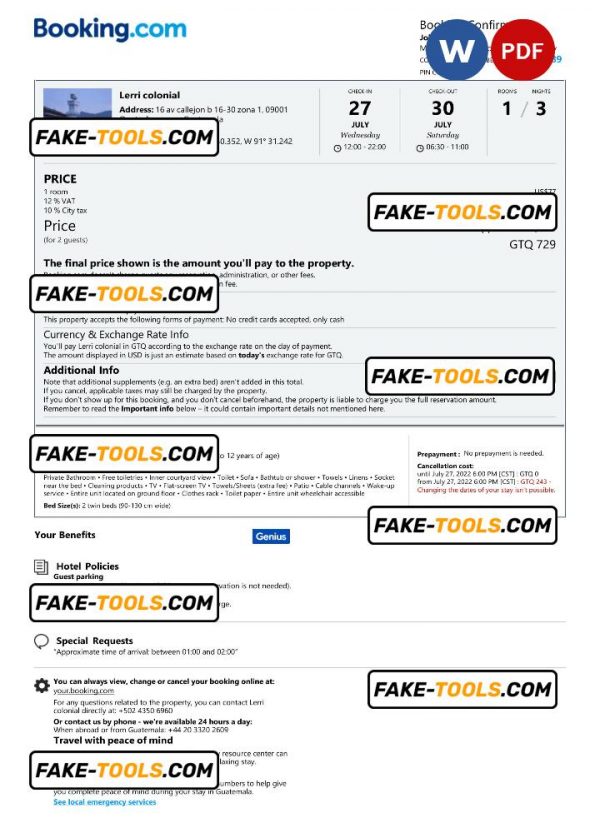 Guatemala hotel booking confirmation Word and PDF template
