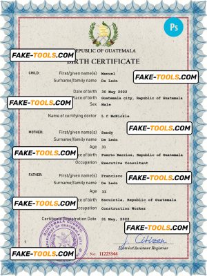 Guatemala vital record birth certificate PSD template