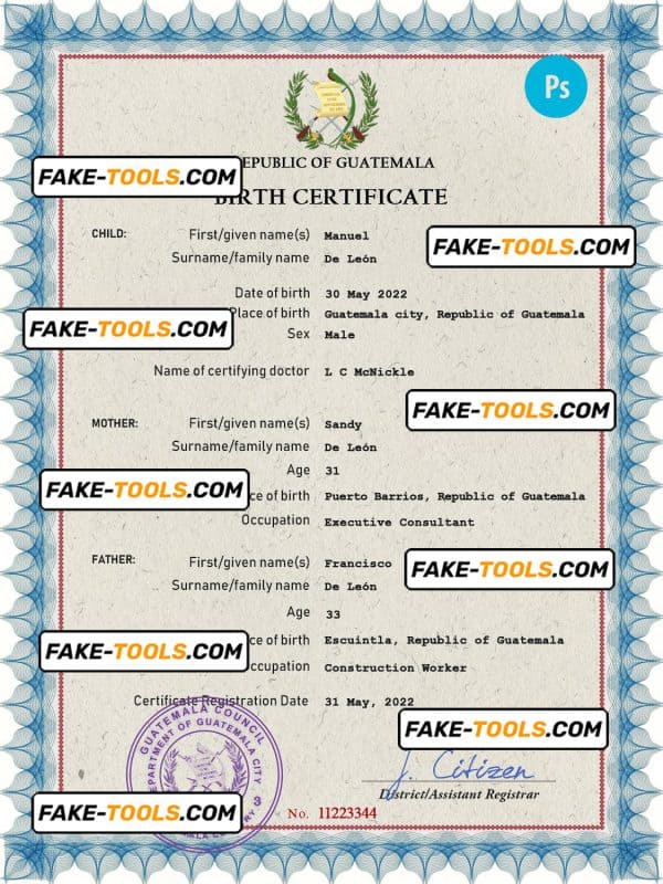Guatemala vital record birth certificate PSD template