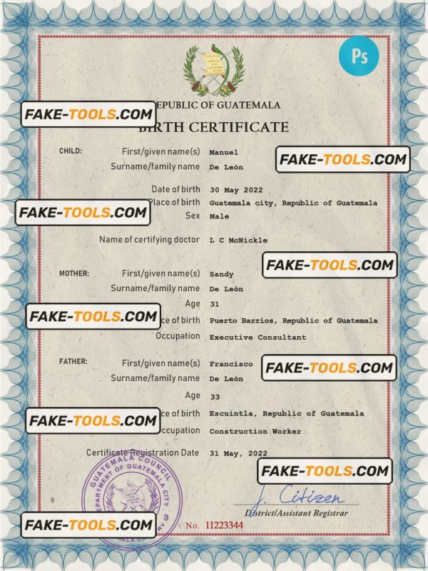 Guatemala vital record birth certificate PSD template
