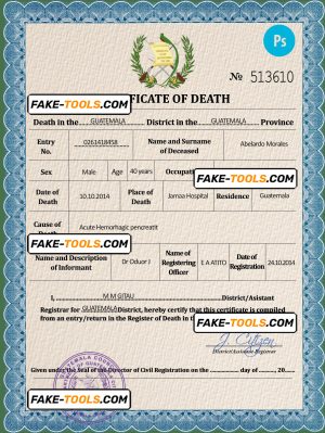 Guatemala vital record death certificate PSD template, fully editable