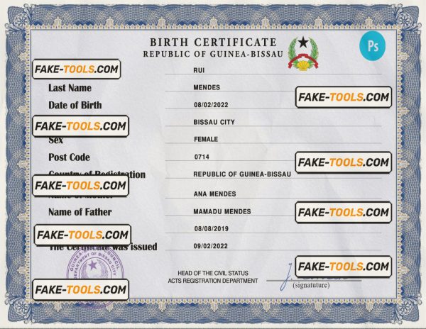Guinea-Bissau birth certificate PSD template, completely editable