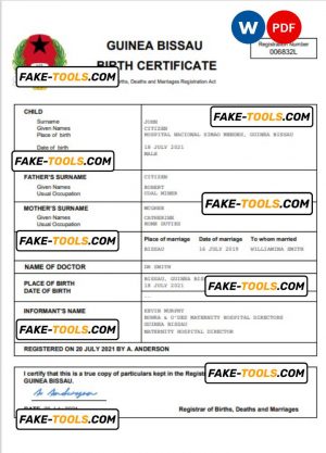 Guinea Bissau birth certificate Word and PDF template, completely editable
