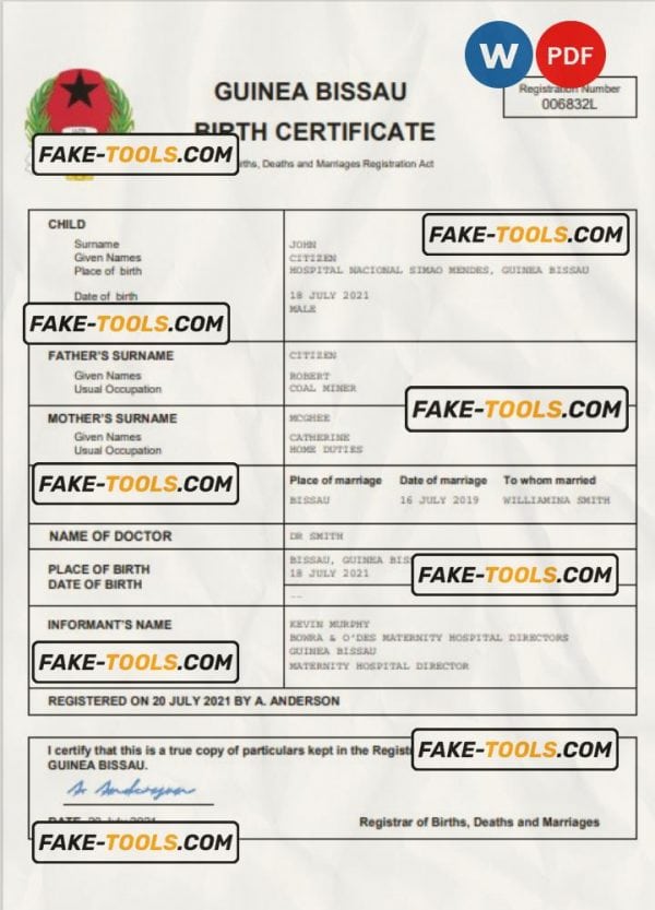 Guinea Bissau birth certificate Word and PDF template, completely editable