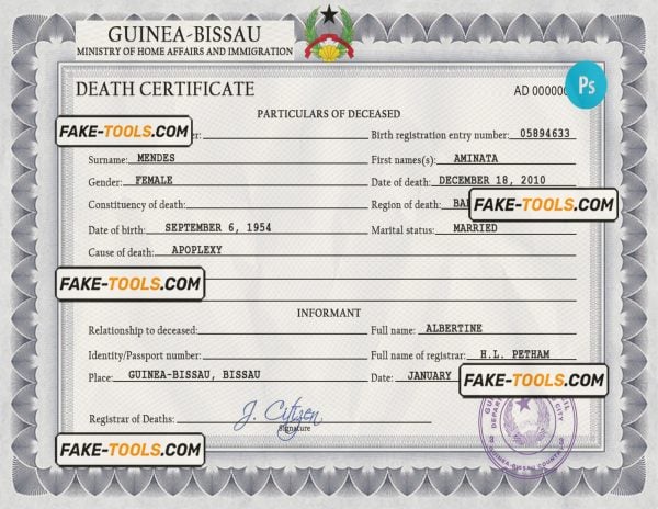 Guinea-Bissau vital record death certificate PSD template, completely editable