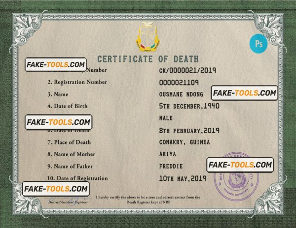 Guinea death certificate PSD template, completely editable